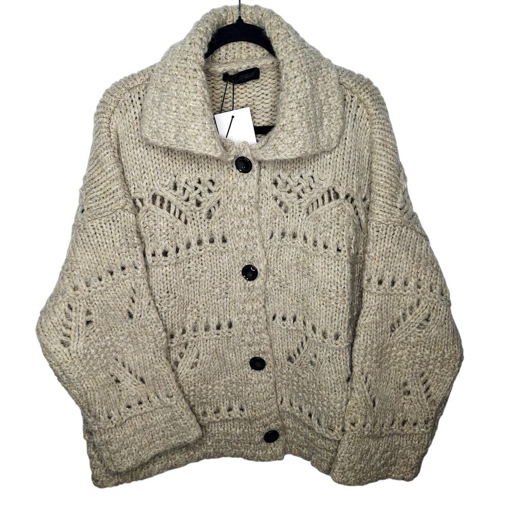 Zara Chunky Fisherman Cardigan Sweater Women's Large Collared Oatmeal Boxy Knit